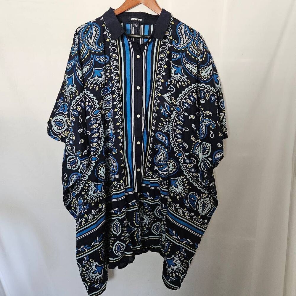 Lands End Dramatic Blue Paisley Kaftan Long Tunic Coverup Lagenlook Art Wear Plu